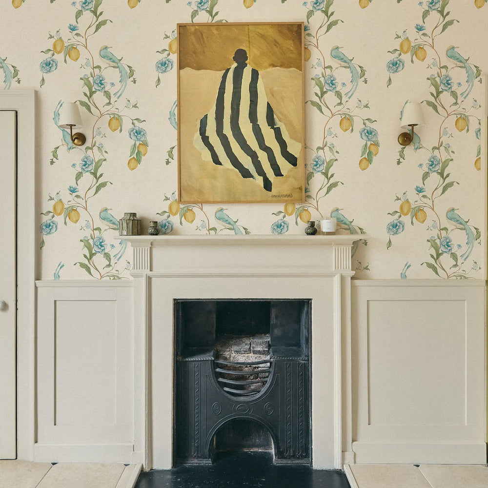 Suzhou Songbirds Wallpaper in Blues on Cream
