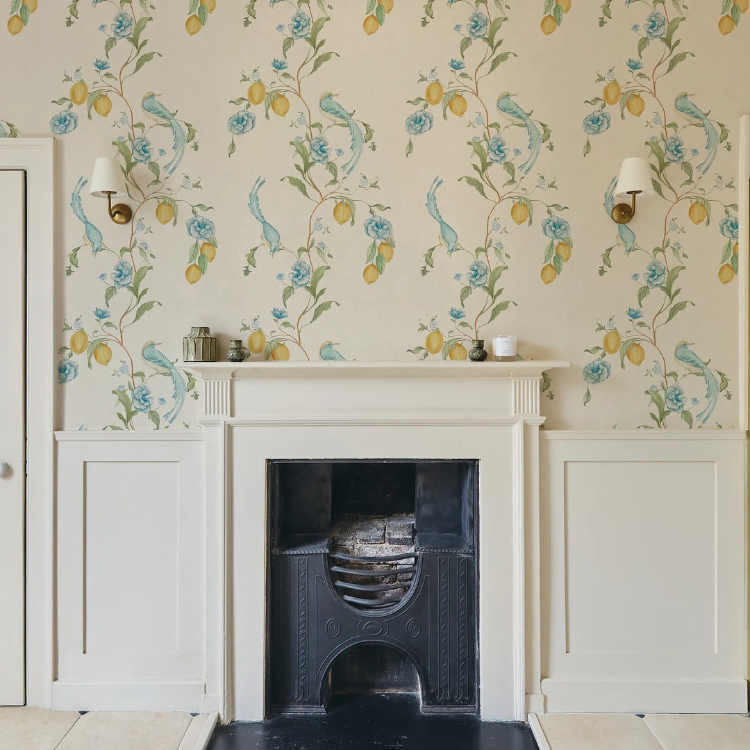 Suzhou Songbirds Wallpaper in Blues on Cream