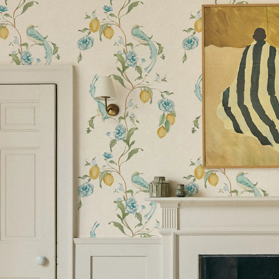 Suzhou Songbirds Wallpaper in Blues on Cream