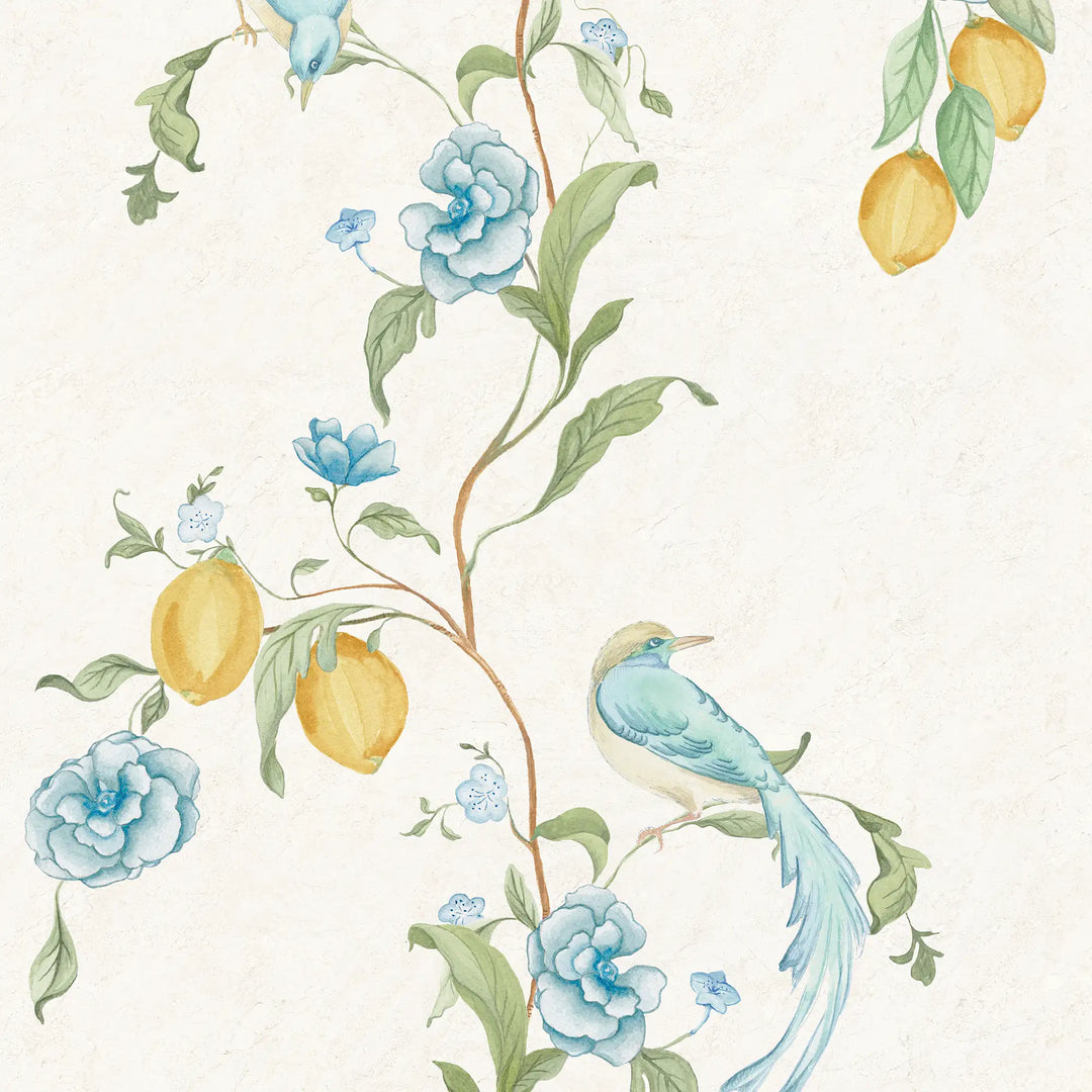 Suzhou Songbirds Wallpaper in Blues on Cream