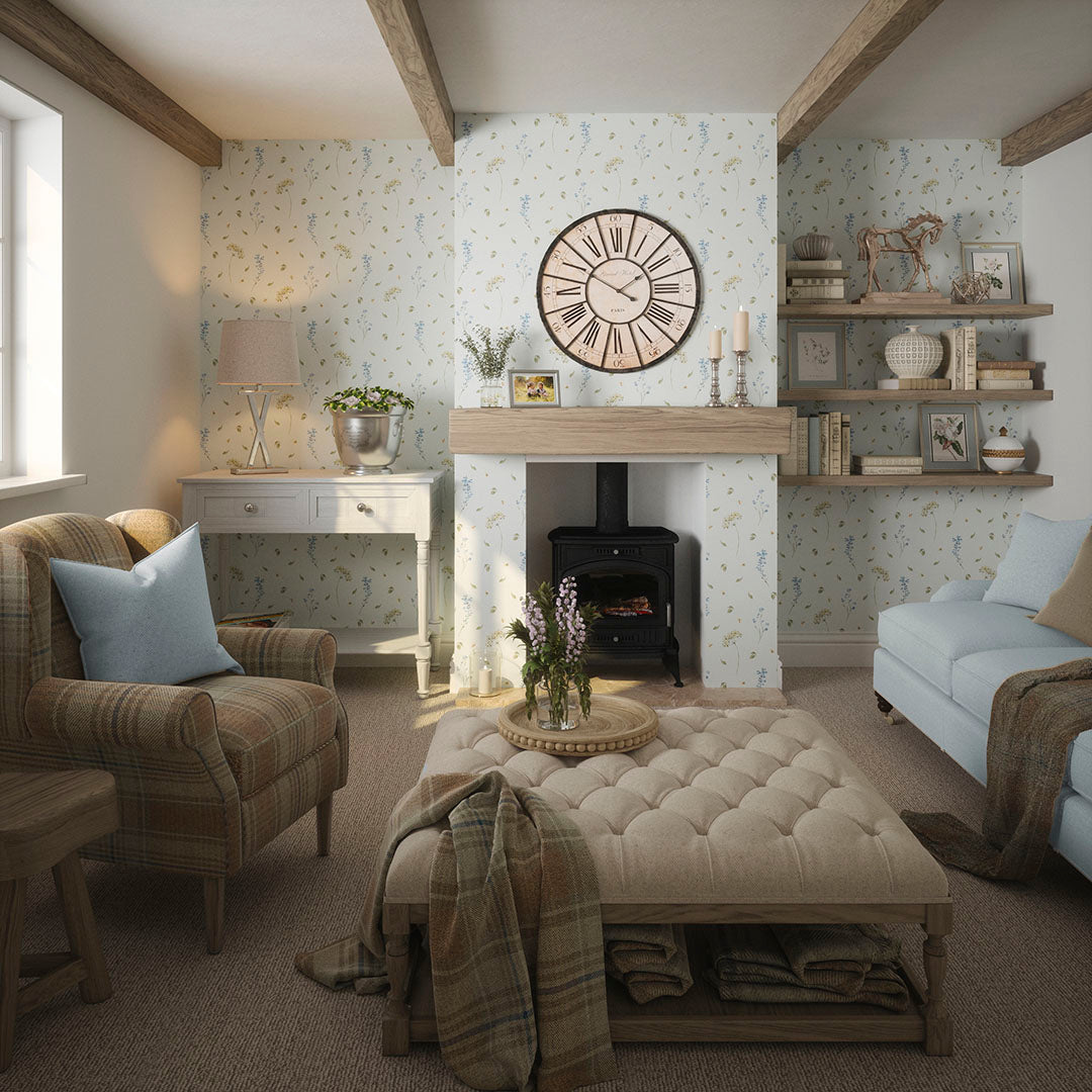 Sweet Meadow Wallpaper in Cornflower Blue and Sage on Mist