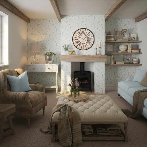 Sweet Meadow Wallpaper in Cornflower Blue and Sage on Mist