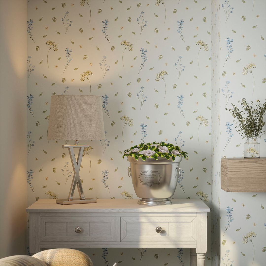 Sweet Meadow Wallpaper in Cornflower Blue and Sage on Mist