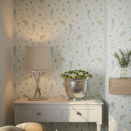 Sweet Meadow Wallpaper in Cornflower Blue and Sage on Mist