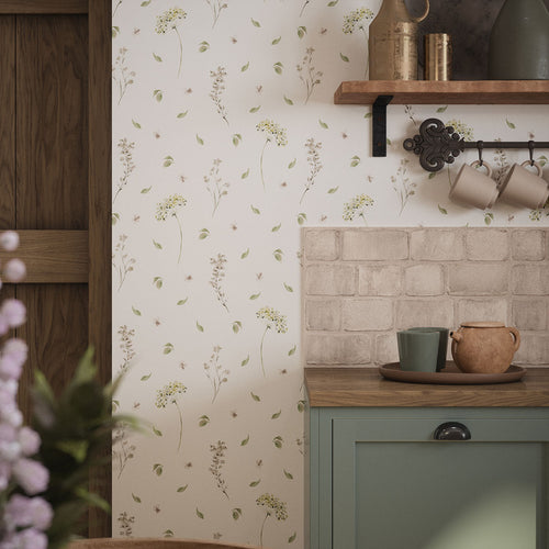 Sweet Meadow Wallpaper in Sage Green on Linen Cream