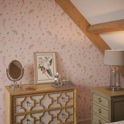 Sweet Meadow Wallpaper in Soft Teal on Pastel Pink