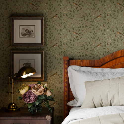 The Grand Estate Wallpaper in Rural Tones on Sage Green