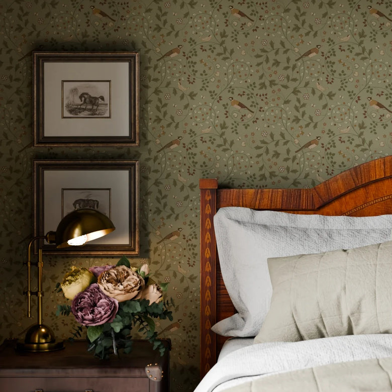 The Grand Estate Wallpaper in Rural Tones on Sage Green