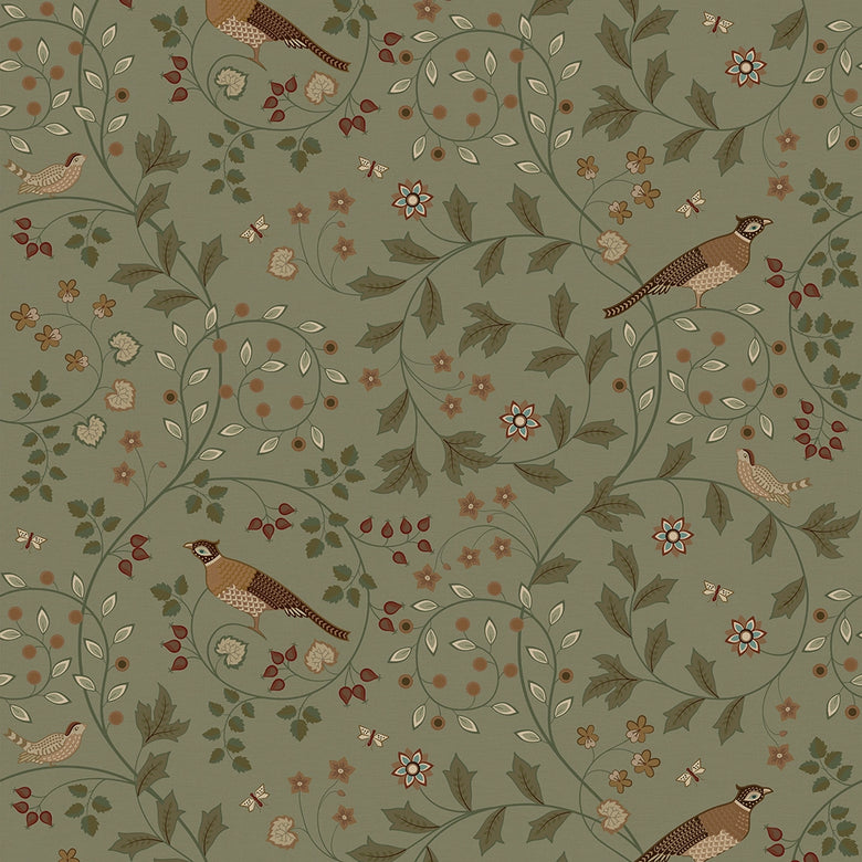 The Grand Estate Wallpaper in Rural Tones on Sage Green