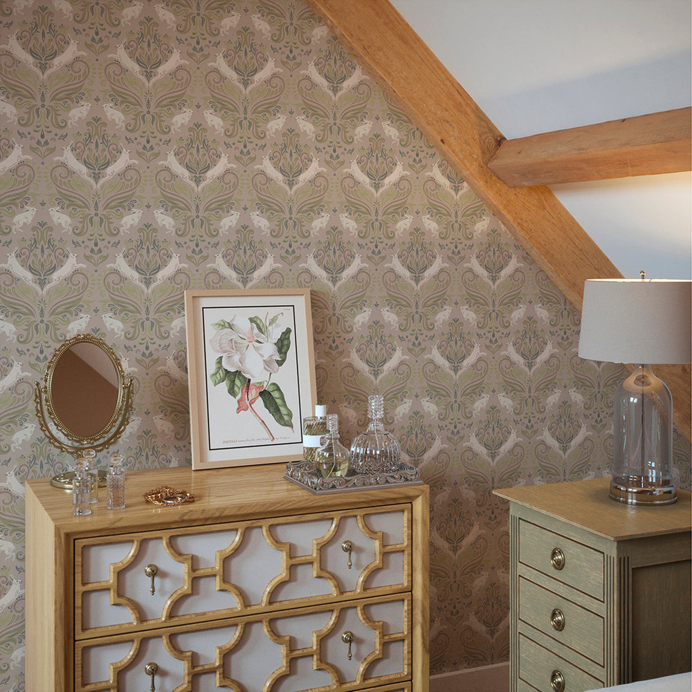 The Hopping Hare Wallpaper in Earthy Hues