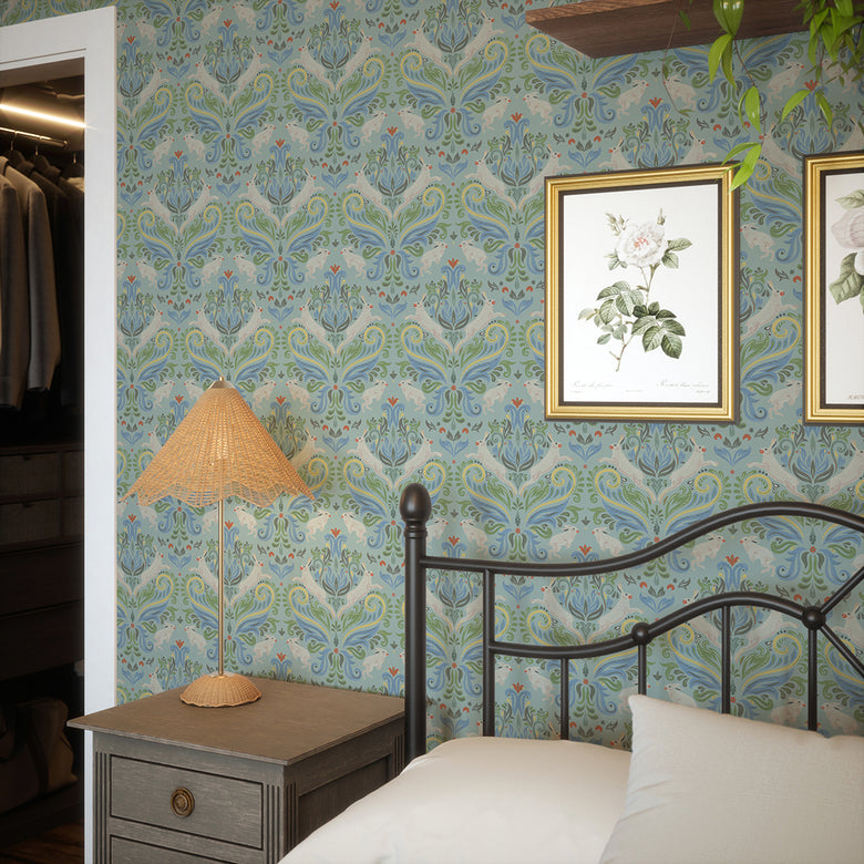 The Hopping Hare Wallpaper in Springtime Shades
