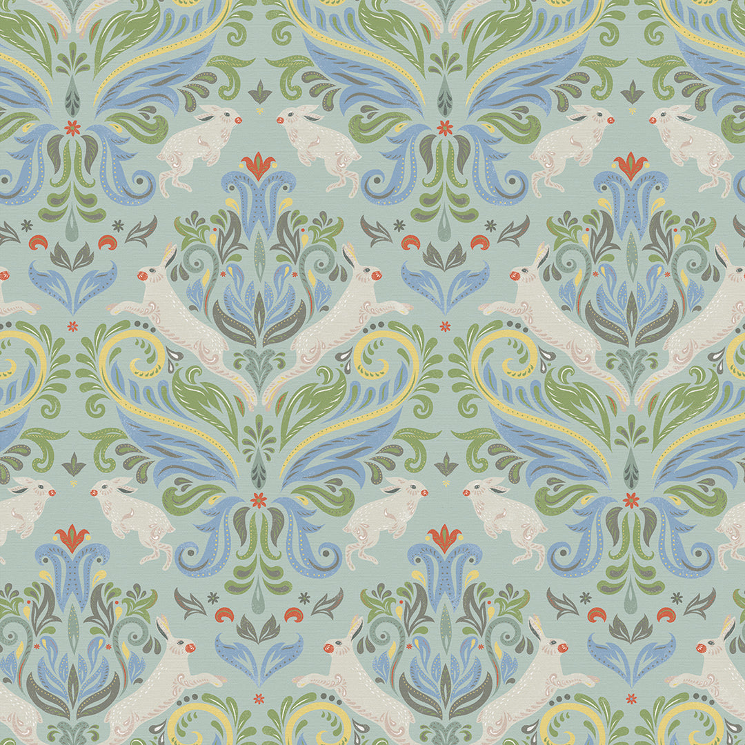 The Hopping Hare Wallpaper in Springtime Shades
