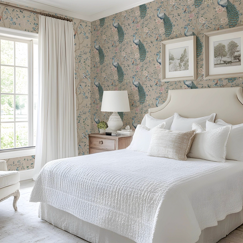 The Peacock's Promise Wallpaper in Latte