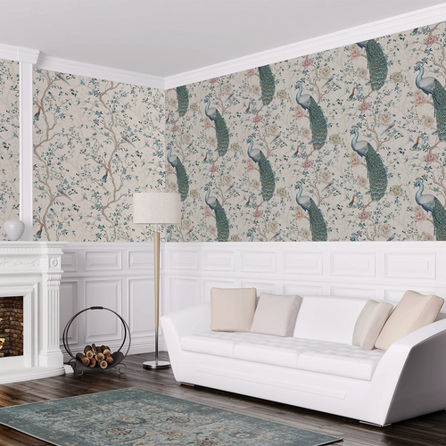 The Peacock's Promise Wallpaper in Vintage Cream