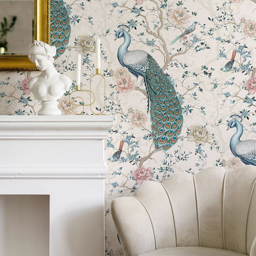 The Peacock's Promise Wallpaper in Vintage Cream