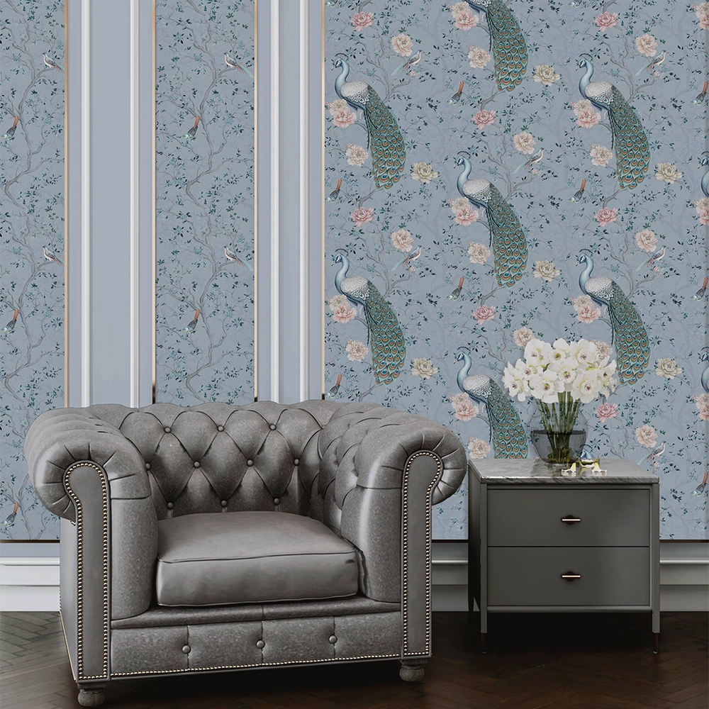The Peacock's Promise Wallpaper in Heritage Blue