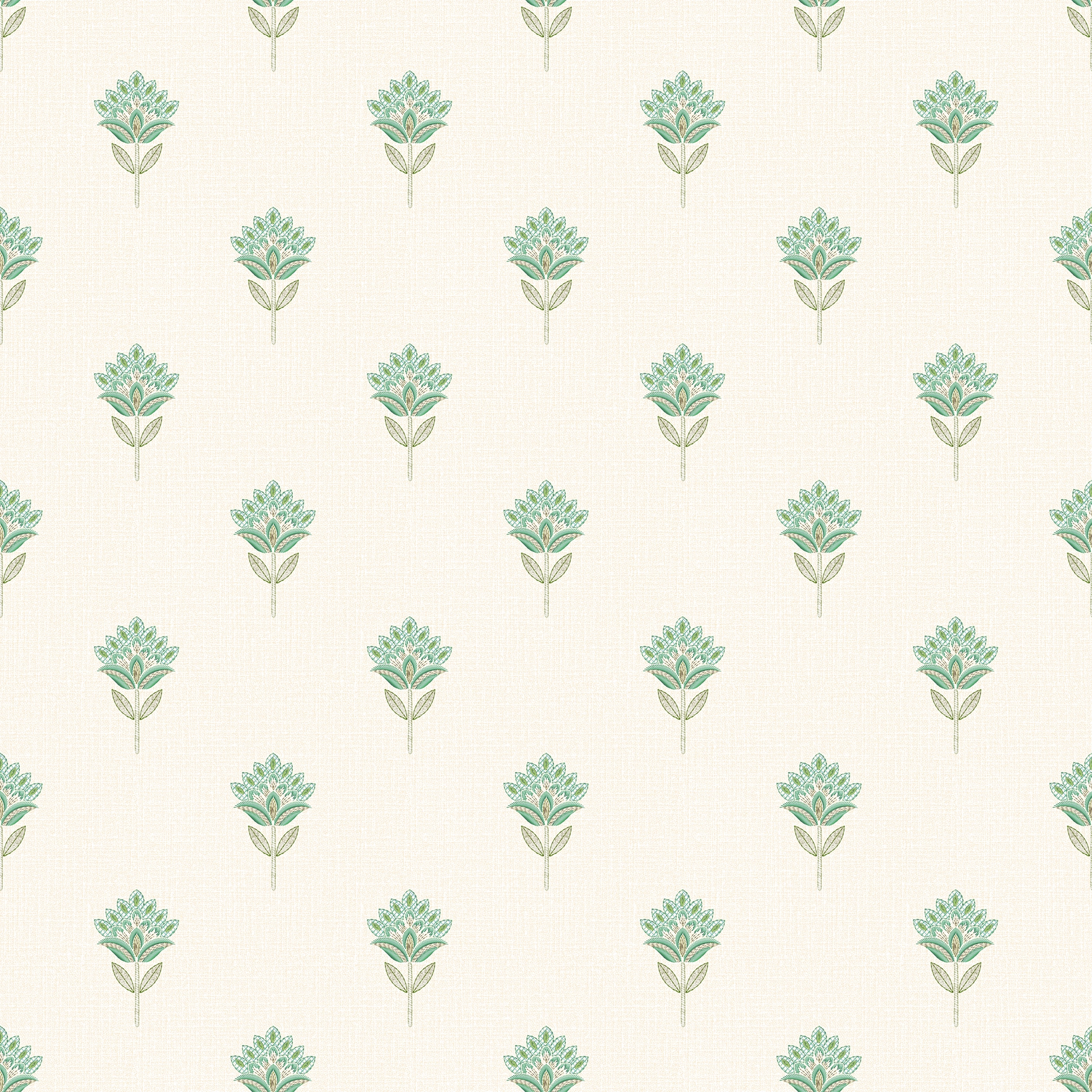 Wallpaper pattern of small green florals on a white background.