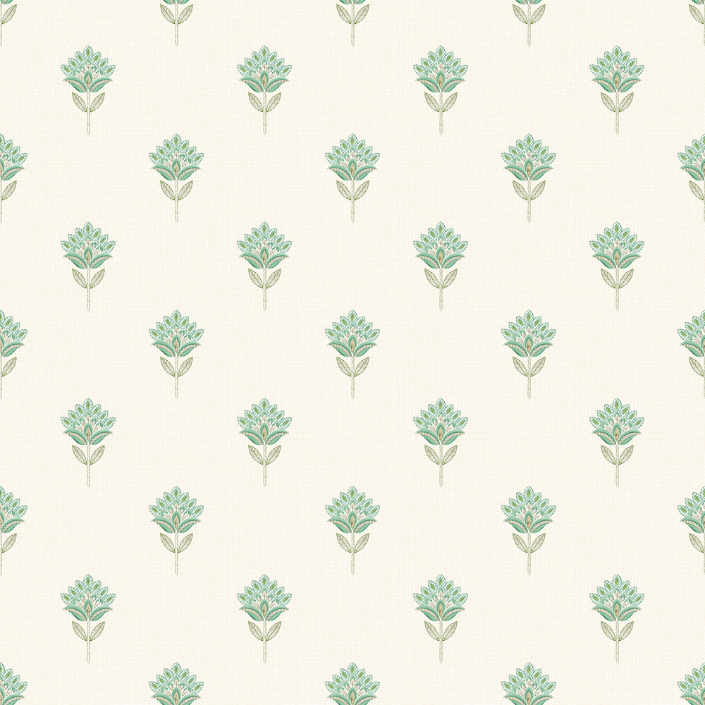 Wallpaper pattern of small green florals on a white background.