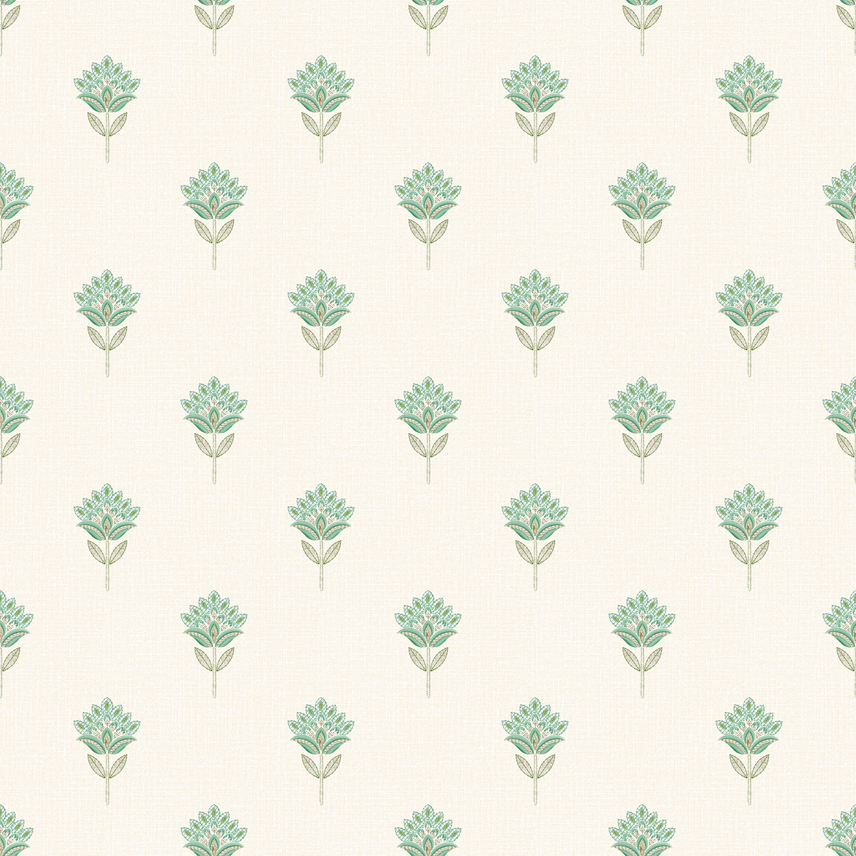 Wallpaper pattern of small green florals on a white background.