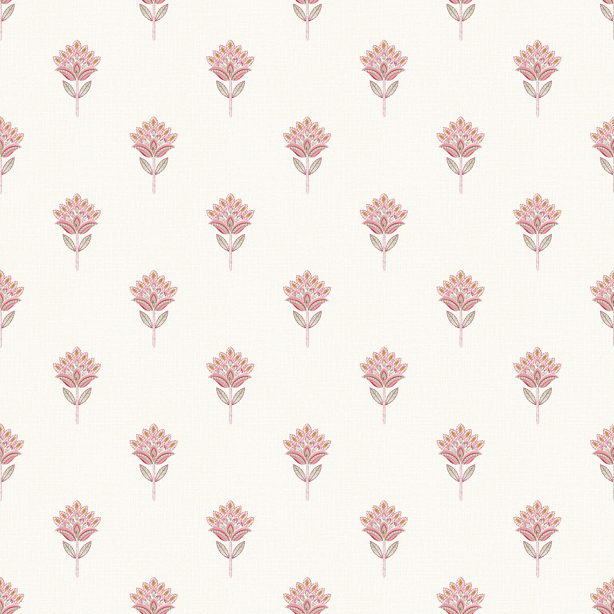 Wallpaper pattern of small pink florals on an off-white background.