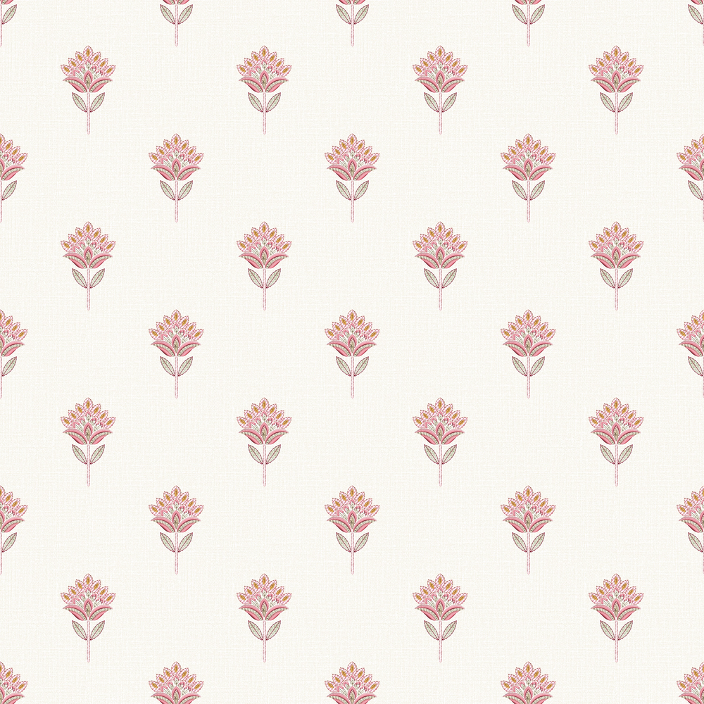 Wallpaper pattern of small pink florals on an off-white background.