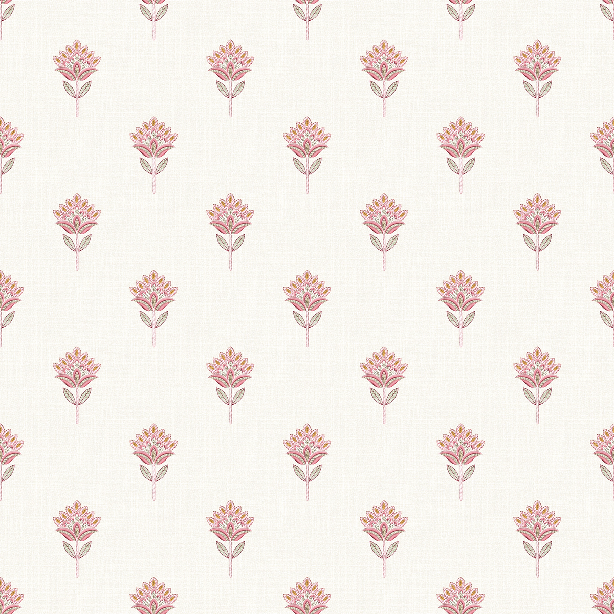 Wallpaper pattern of small pink florals on an off-white background.