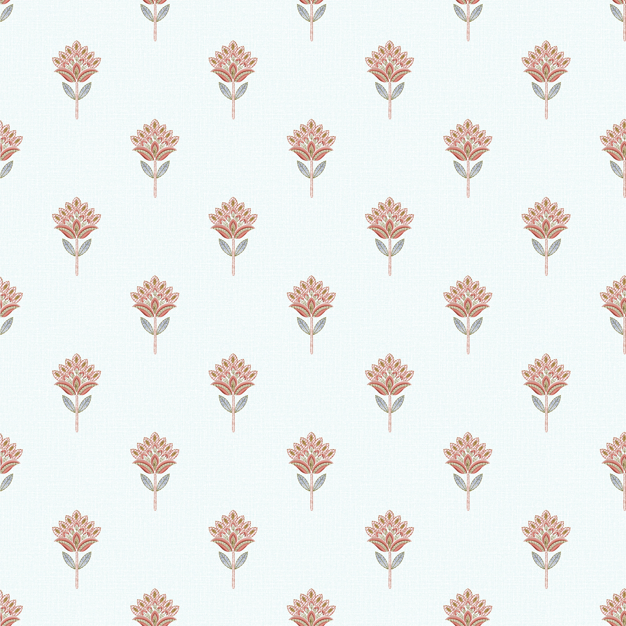 Wallpaper pattern of small red florals on a soft blue background.
