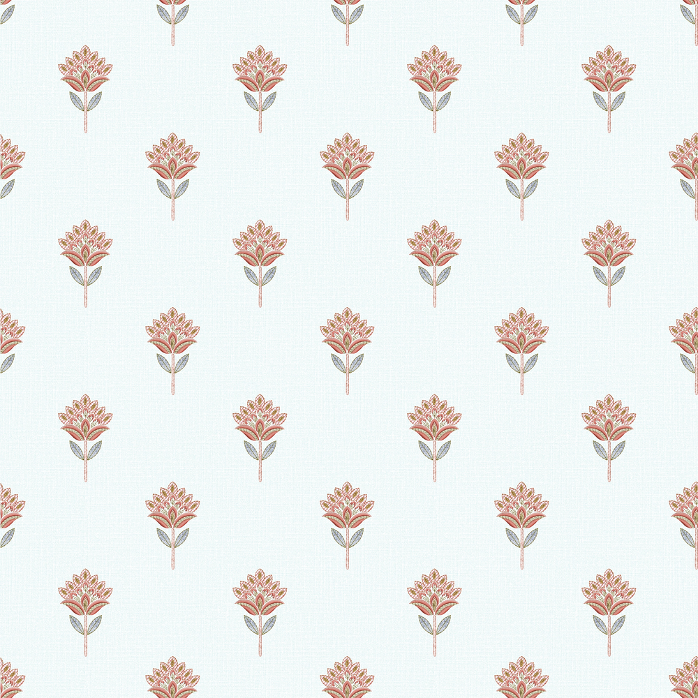 Wallpaper pattern of small red florals on a soft blue background.