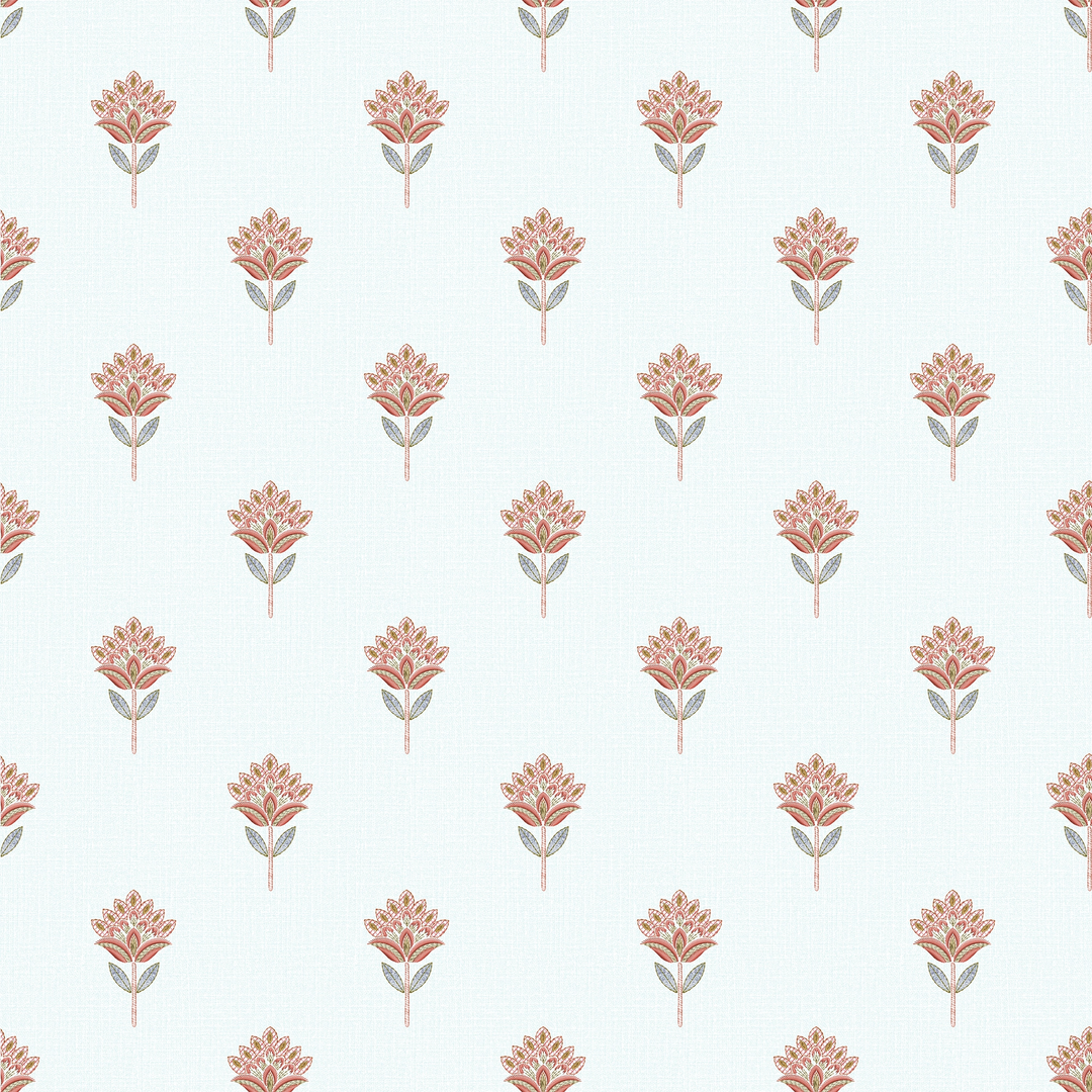 Threaded Flora Wallpaper in Red and Soft Blue