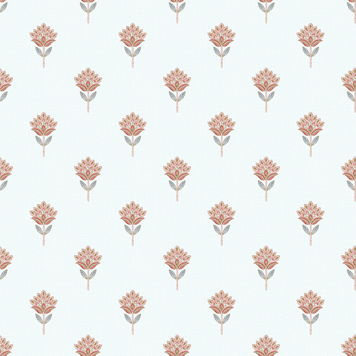 Wallpaper pattern of small red florals on a soft blue background.
