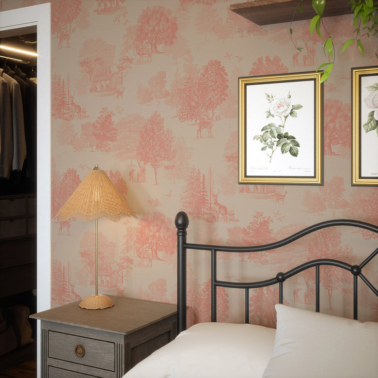 Toile De Jouy Wallpaper in Coral