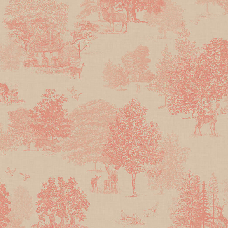 Toile De Jouy Wallpaper in Coral
