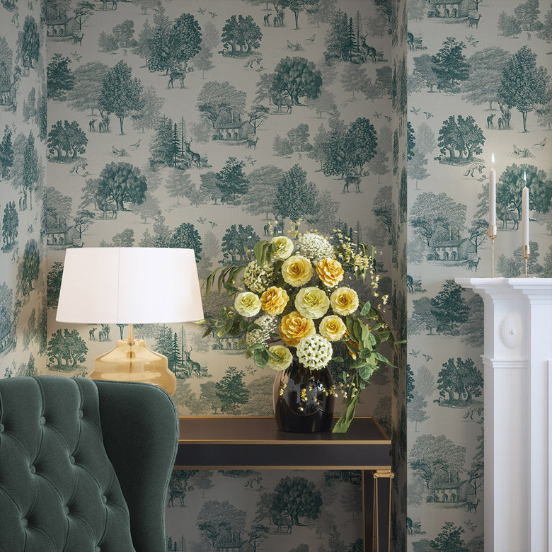 Toile De Jouy Wallpaper in Deep Teal