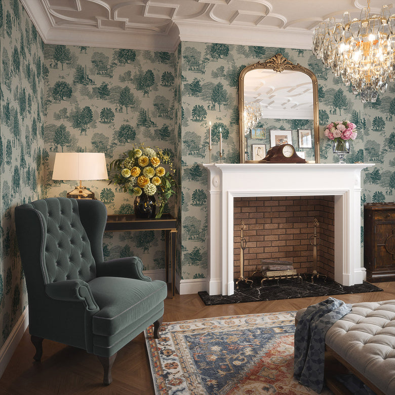 Toile De Jouy Wallpaper in Deep Teal