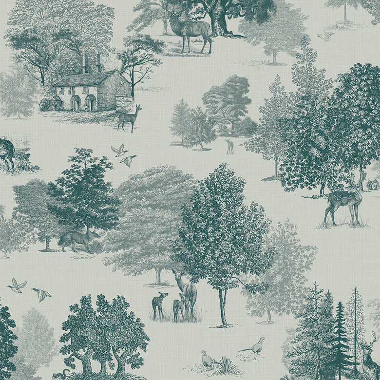 Sample of Toile De Jouy Wallpaper in Deep Teal
