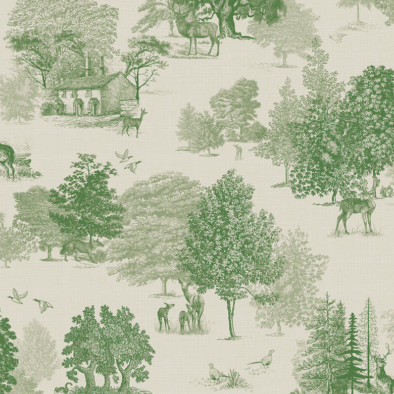Sample of Toile De Jouy Wallpaper in Fern Green