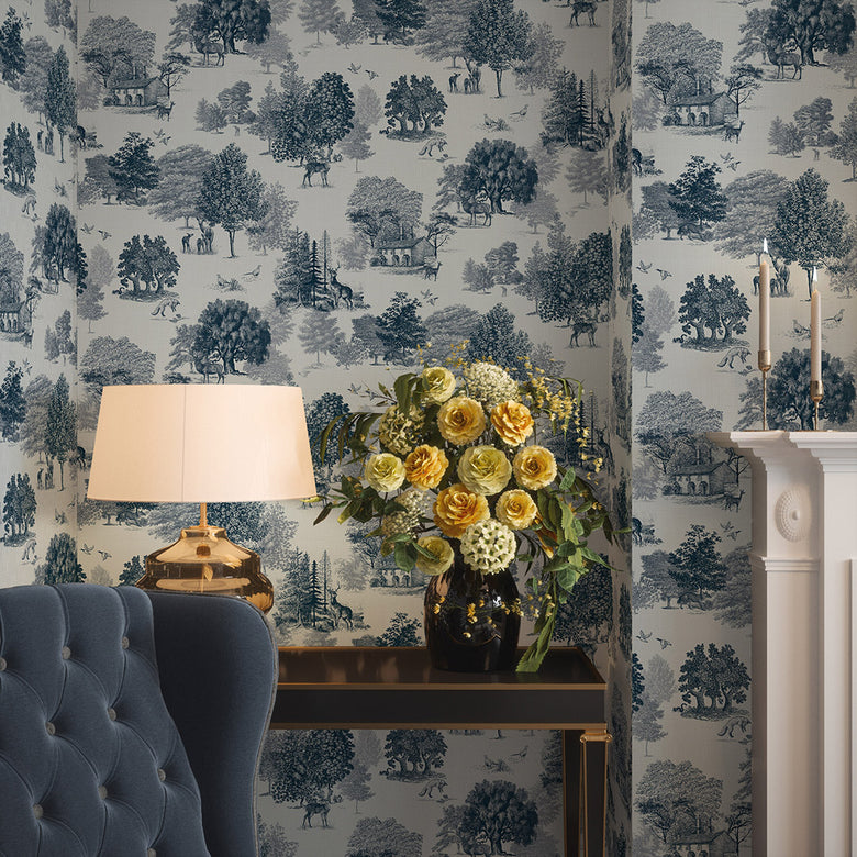 Toile De Jouy Wallpaper in Ink Blue