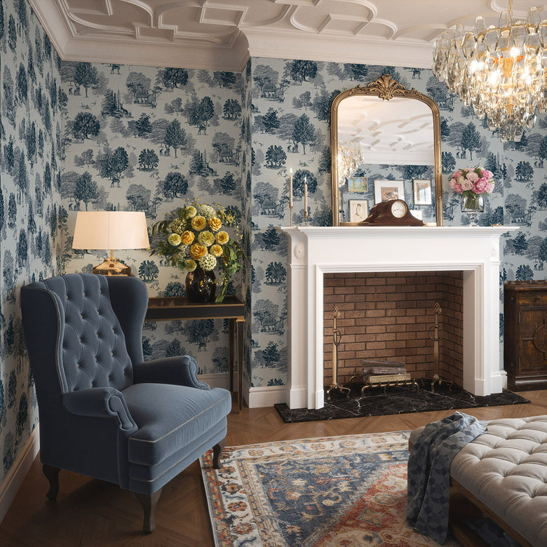 Toile De Jouy Wallpaper in Ink Blue