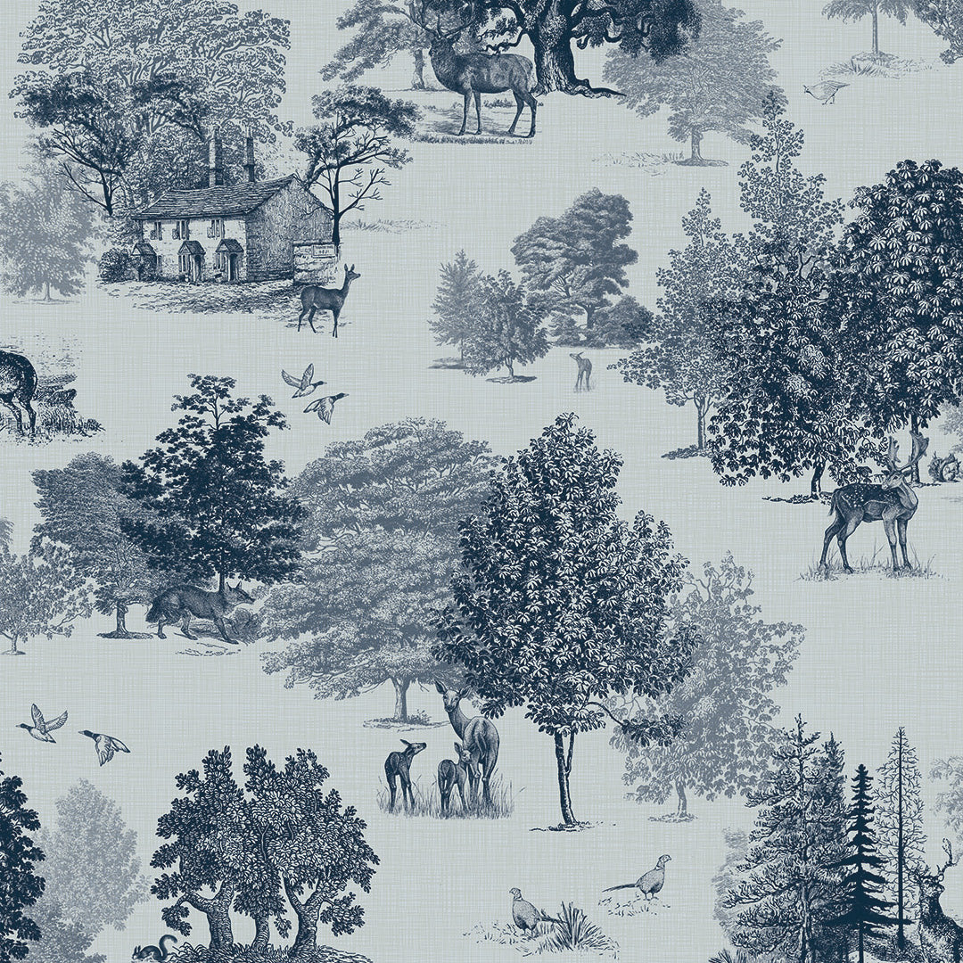 Sample of Toile De Jouy Wallpaper in Ink Blue