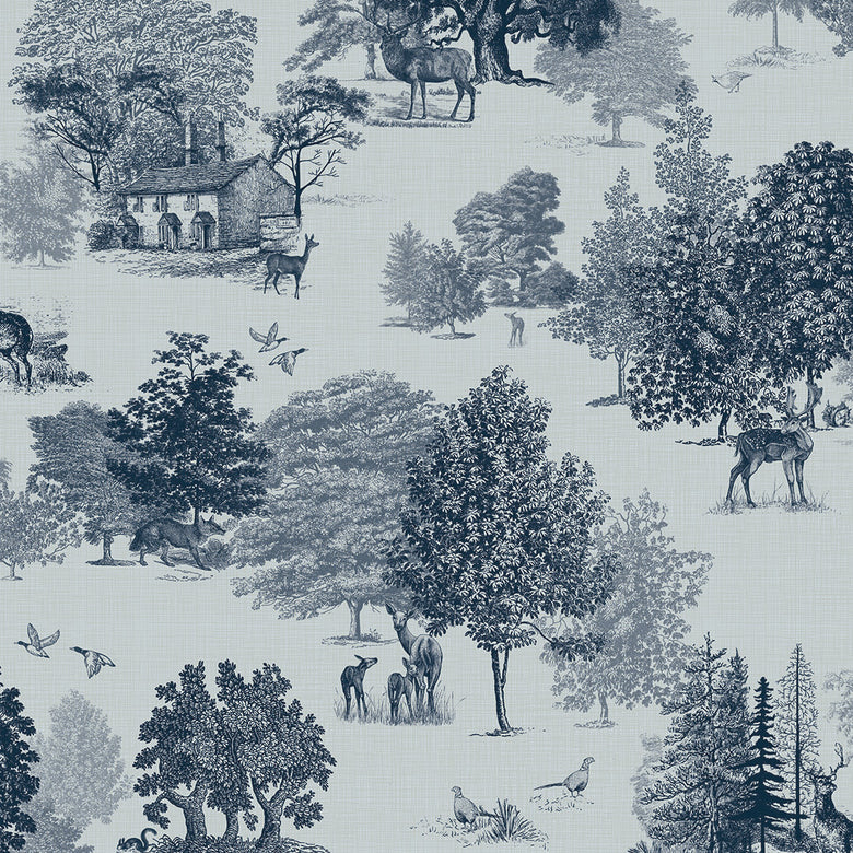 Sample of Toile De Jouy Wallpaper in Ink Blue