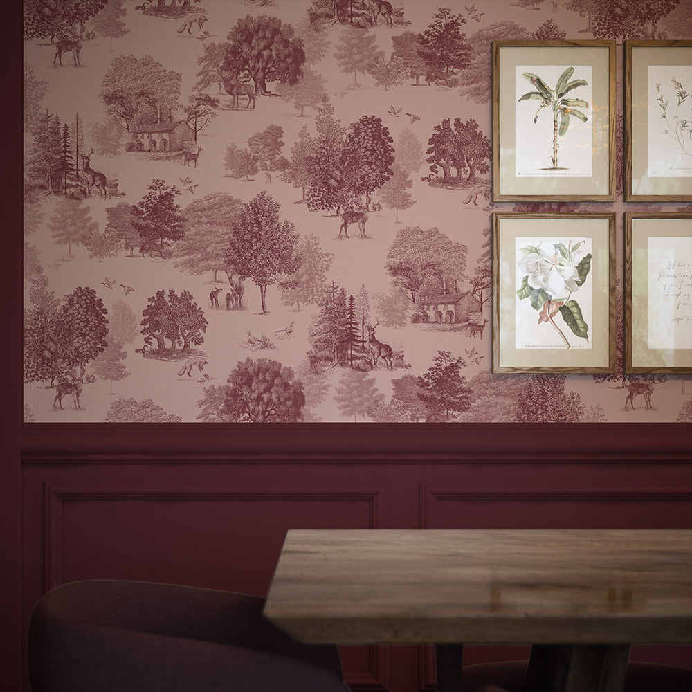 Toile De Jouy Wallpaper in Red Berry