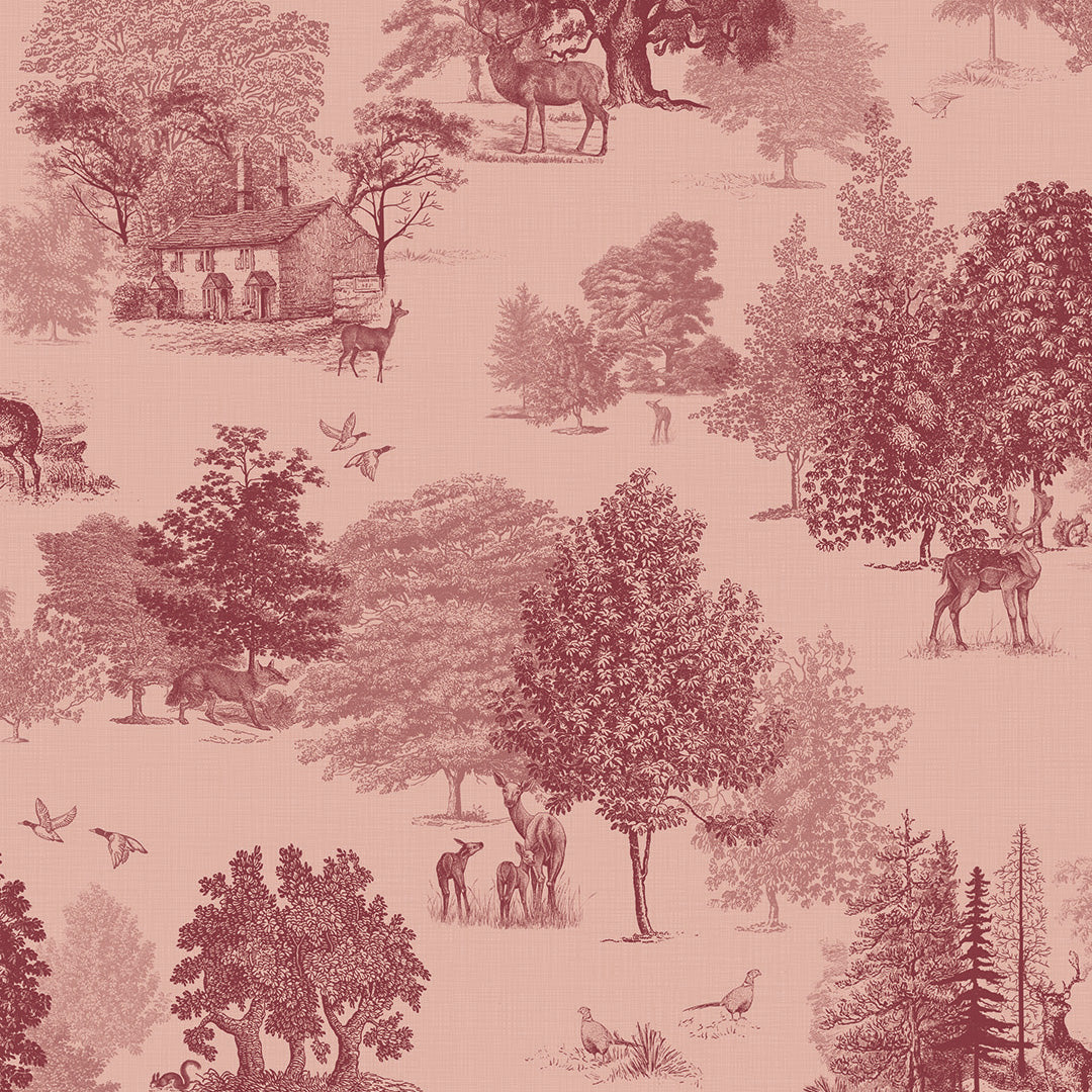 Toile De Jouy Wallpaper in Red Berry