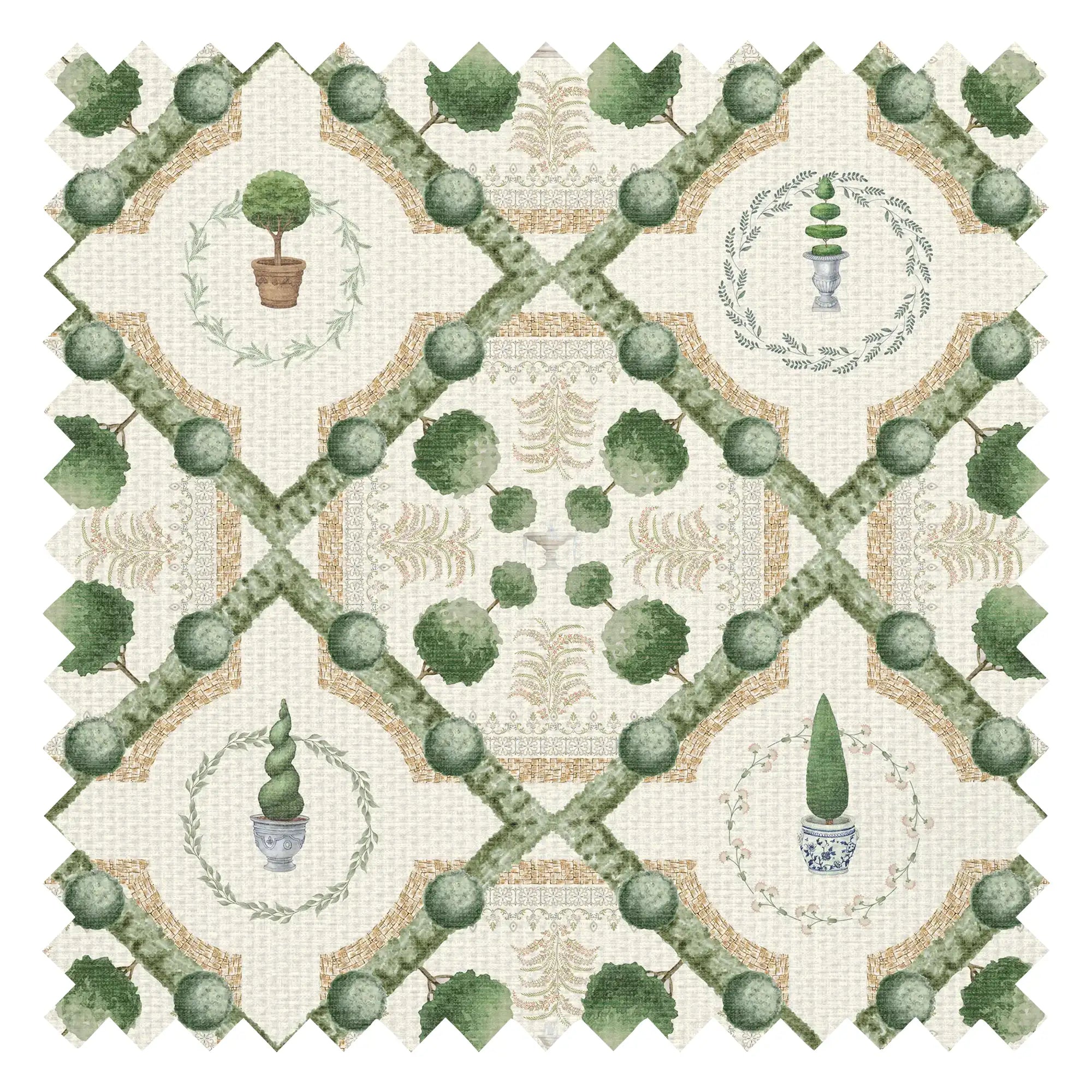 Topiary Perfection Fabric in Greens on Parchment Cream