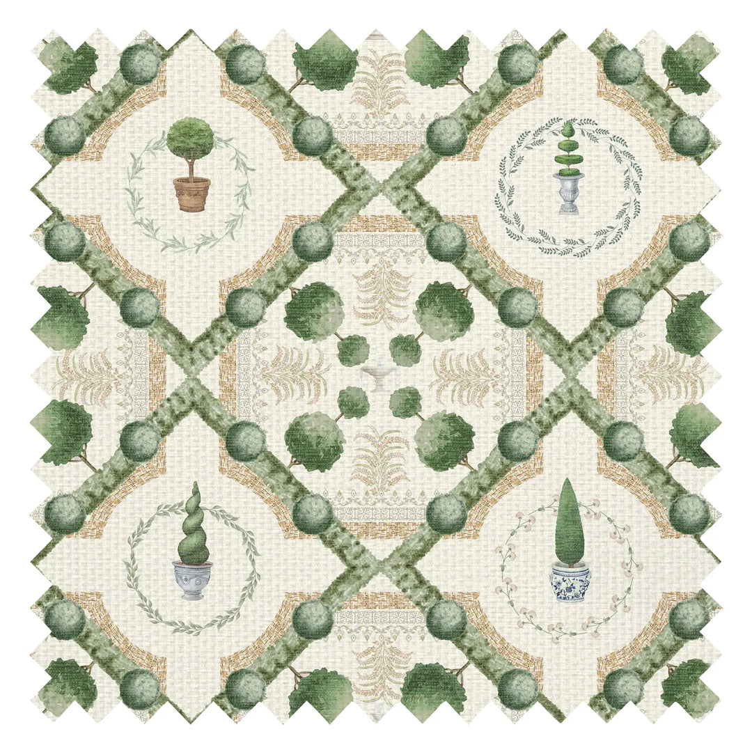 Topiary Perfection Fabric in Greens on Parchment Cream