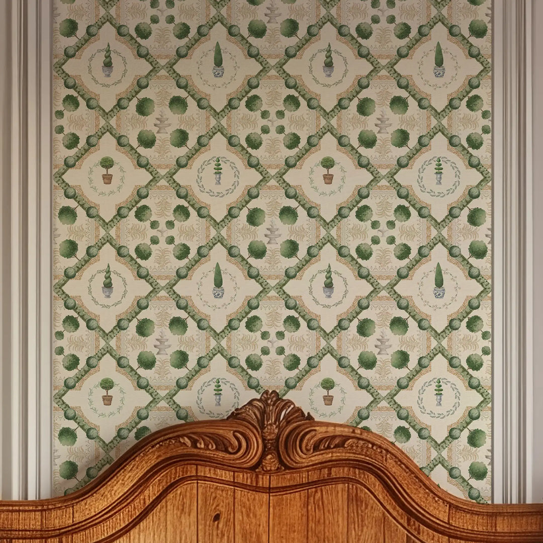 Topiary Perfection Wallpaper in Greens on Parchment Cream