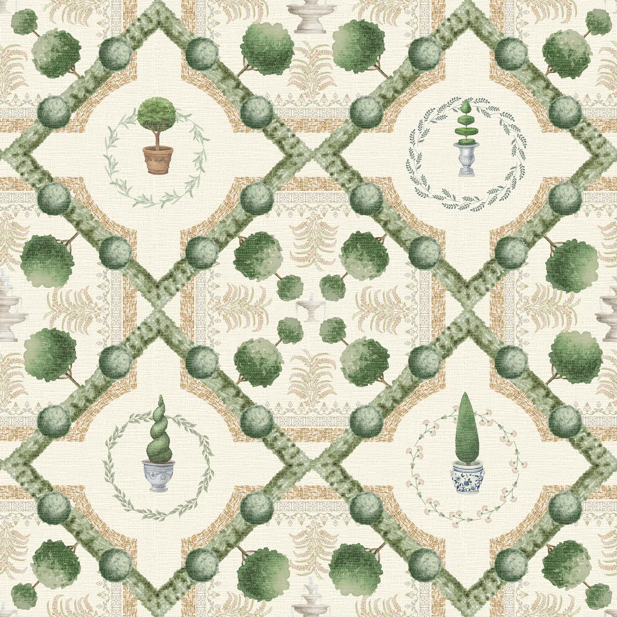 Topiary Perfection Wallpaper in Greens on Parchment Cream