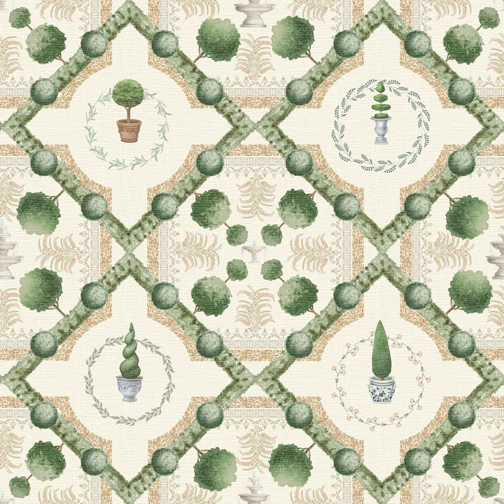 Topiary Perfection Wallpaper in Greens on Parchment Cream