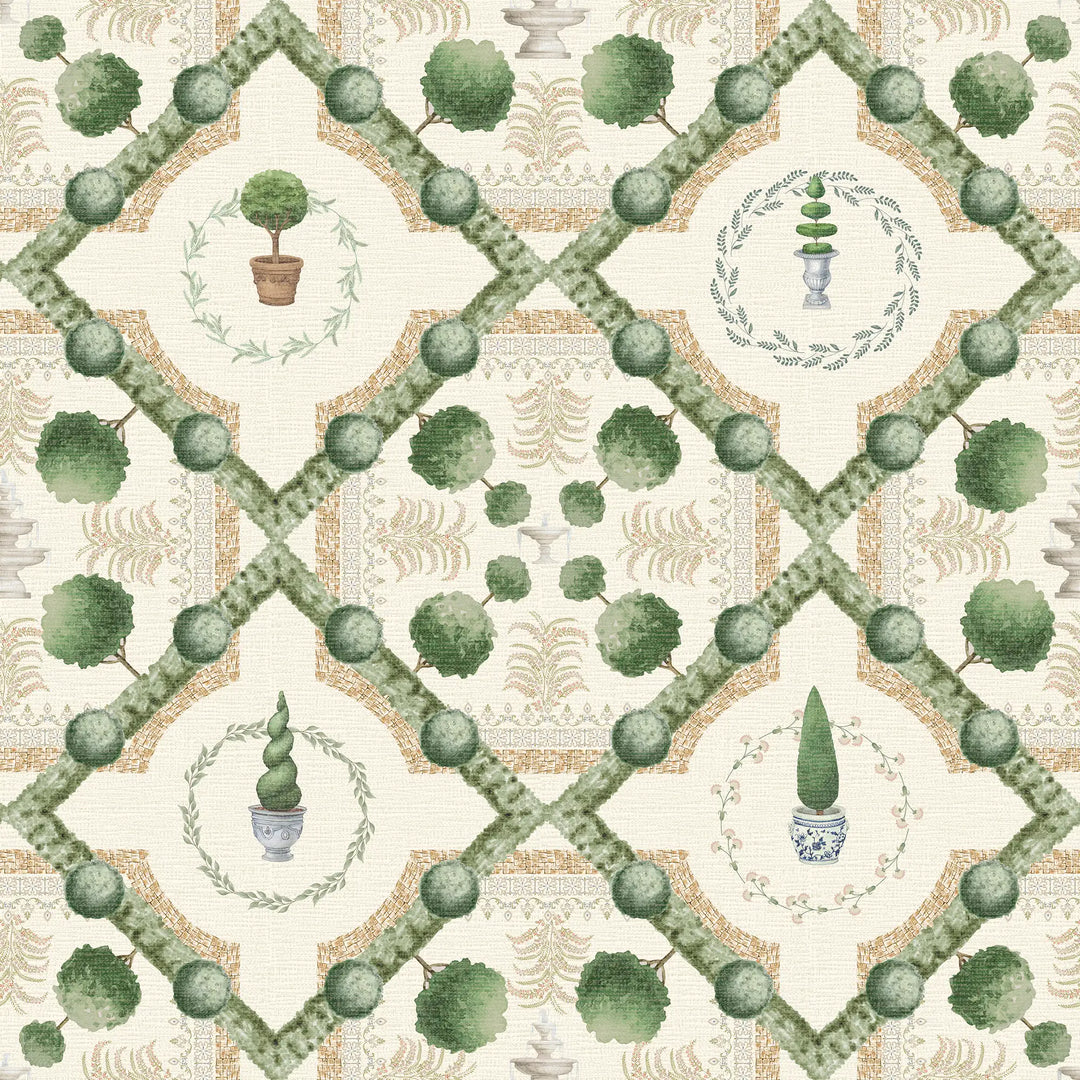Topiary Perfection Wallpaper in Greens on Parchment Cream