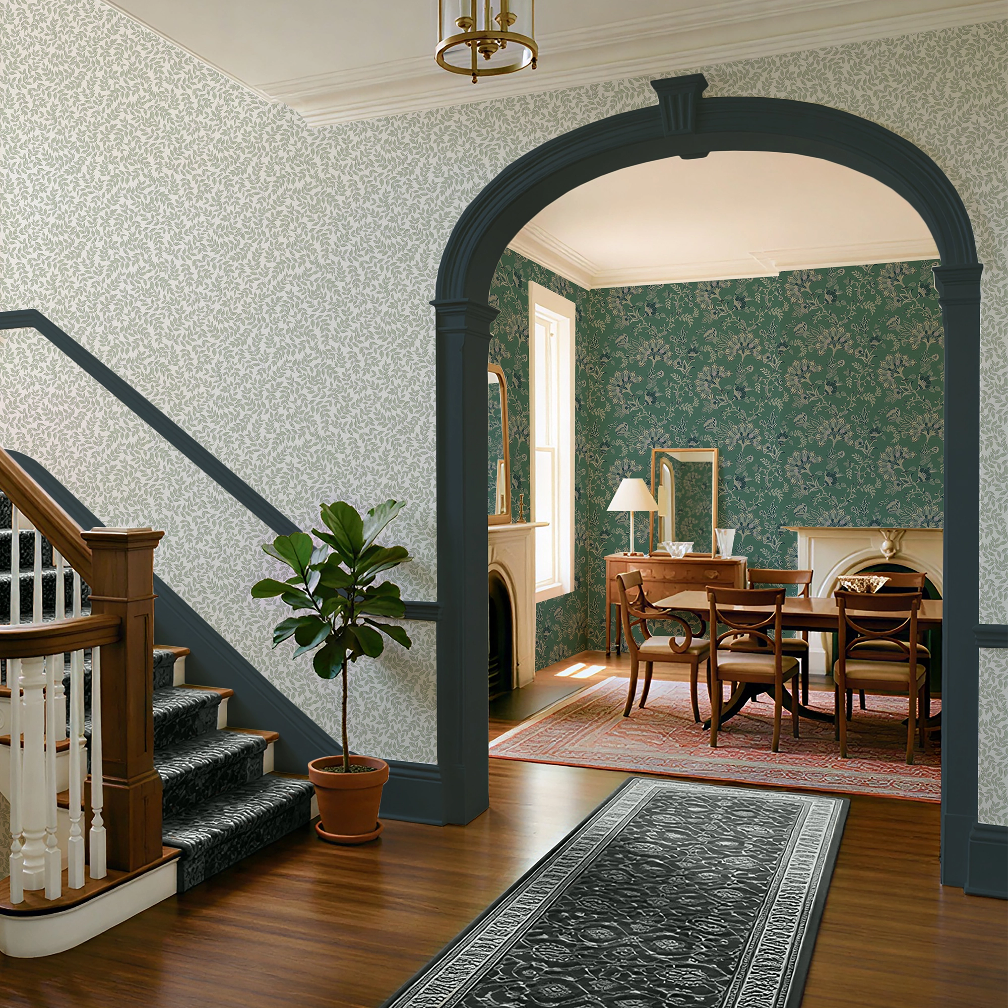 Staircase leading to a dining room with floral wallpaper and wooden furniture.