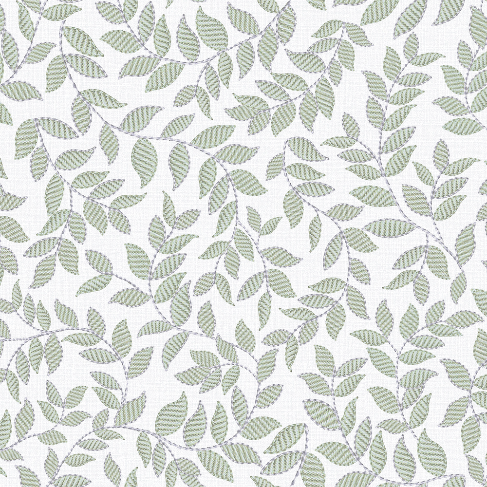 Wallpaper pattern of green trailing leaves on a mint background.